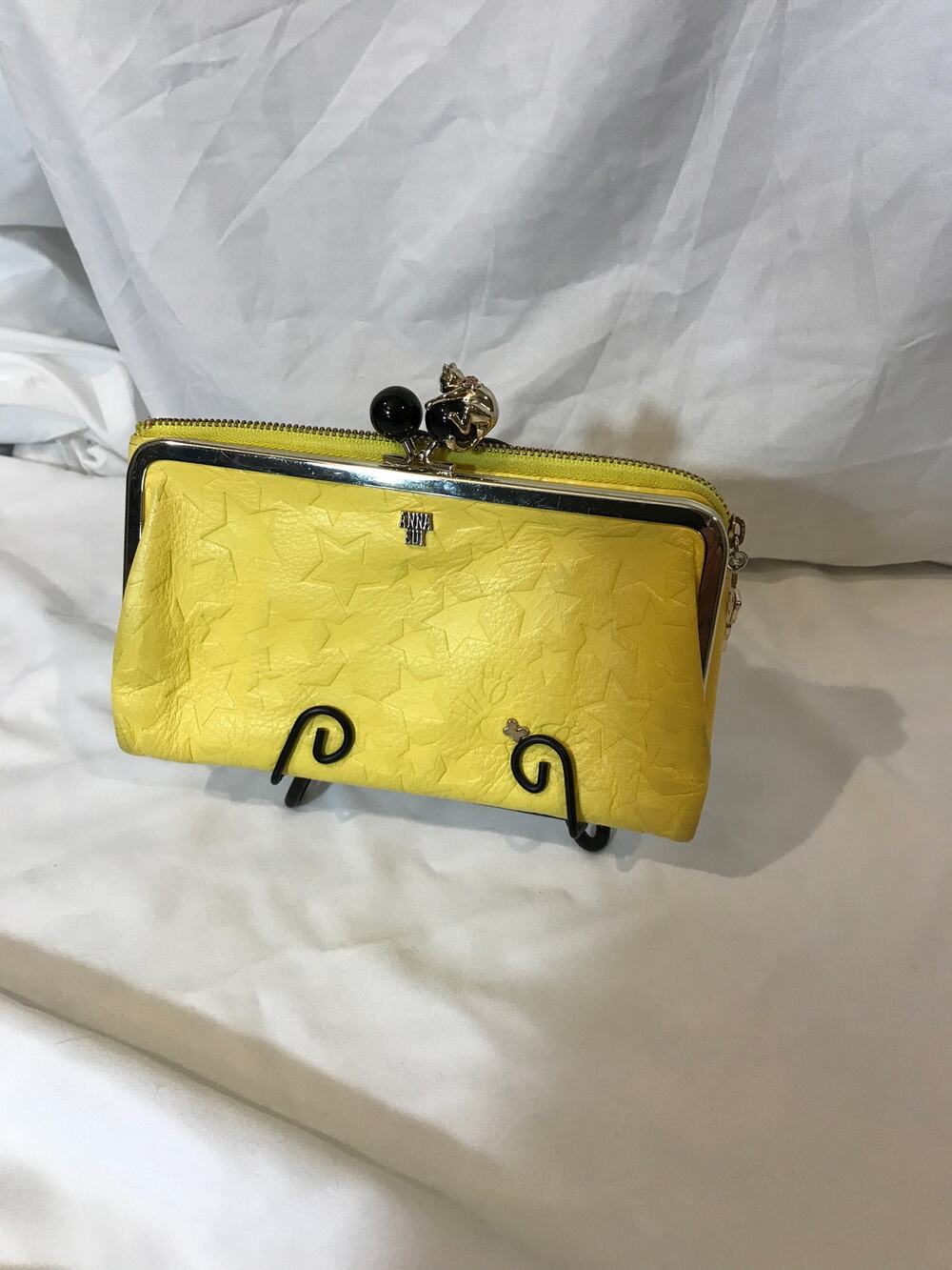 Anna Sui RARE Yellow Star Embossed Kiss-Lock with Cat Wallet Clutch EUC